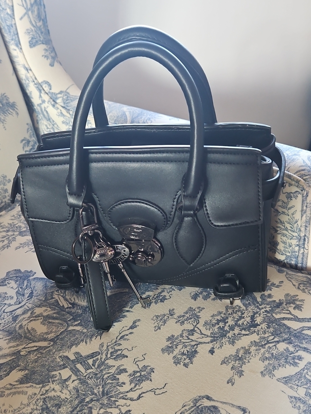 Steve Madden Black Faux  Leather Satchel with Charm Key Detail